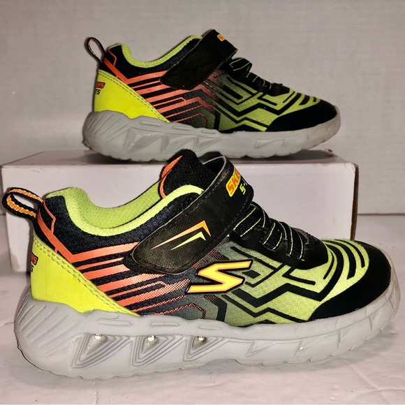 Skechers S-Lights Sneaker Shoes School Size 10 Black Neon Yellow Pre-owned - Picture 4 of 10